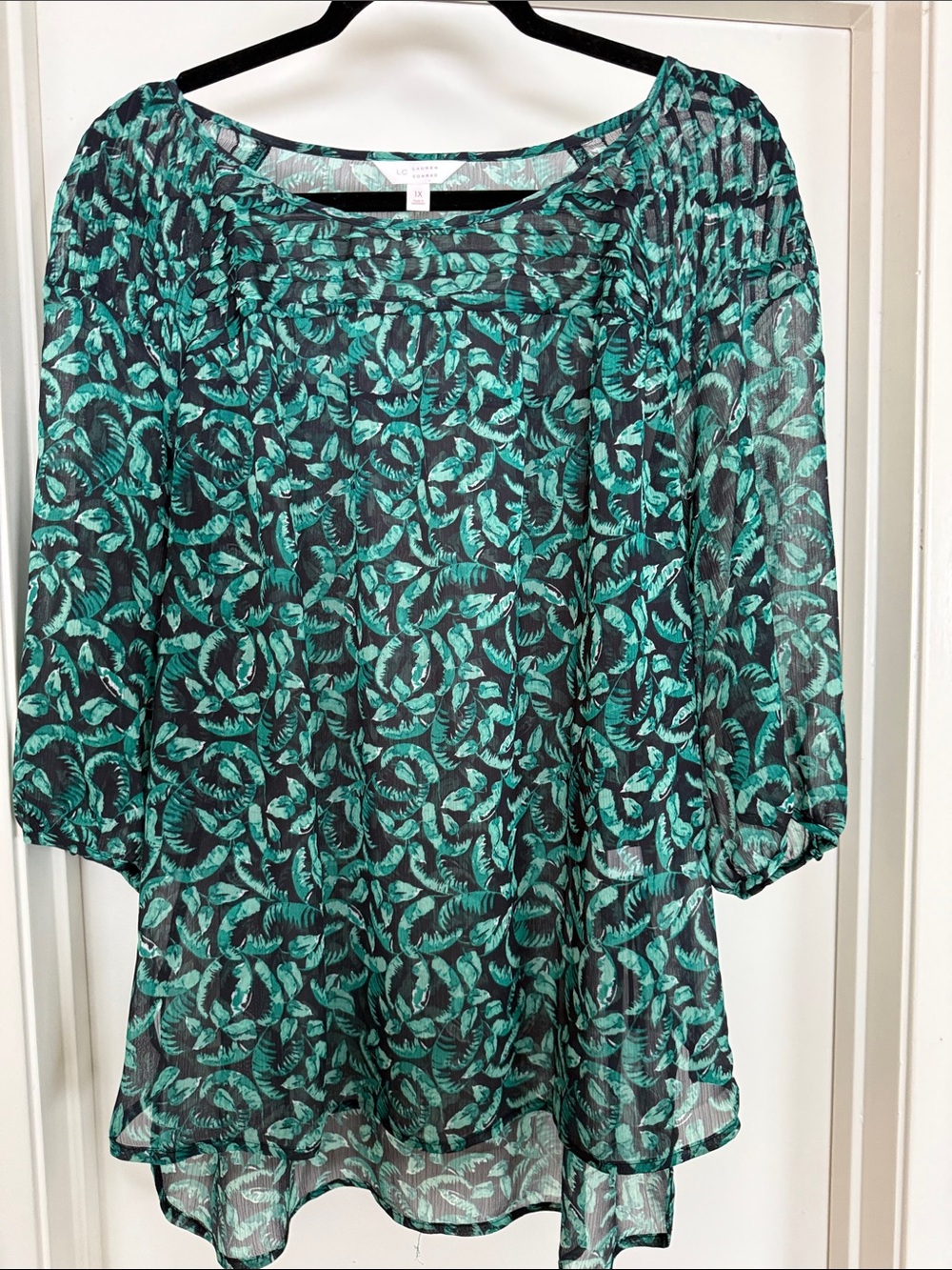 LC Lauren Conrad Teal Leaf-Print Sheer Blouse